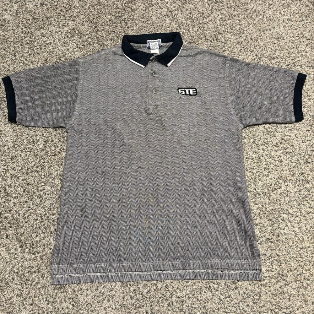 Vintage Vantage GTE Polo Shirt Mens M Gray Herringbone USA 90s‎ Cotton Logo